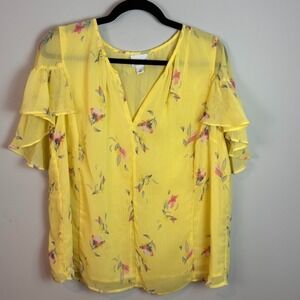 Ava &Viv Womens Yellow Floral V-Neck Short Sleeve Chiffon Top sz X Lined Flirty